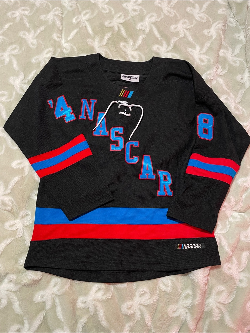Nascar Black Jersey with Red & Blue Stripe Accents